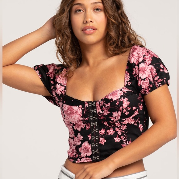 West of Melrose Tops - Pink Black Corset Cropped West of Melrose Shirt